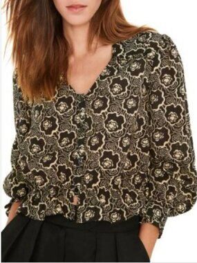 NWT ba&sh Gwen Abstract Floral Print Peplum Blouse Black Cream (Medium)